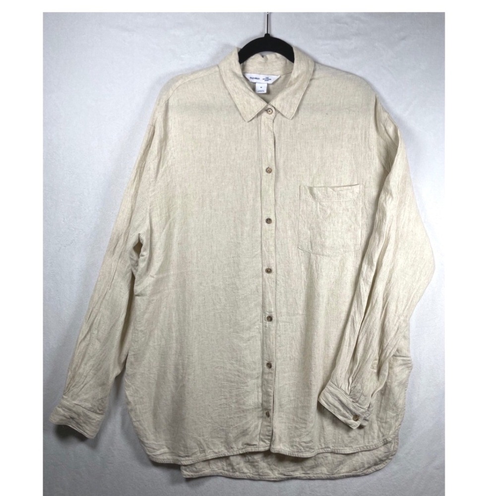 linen button down boyfriend shirt womens M natural lagenlook granola capsule